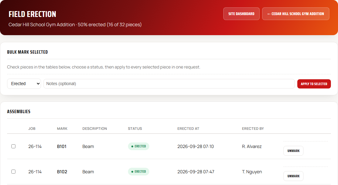 Field erection screen showing pieces marked erected, with time and erector